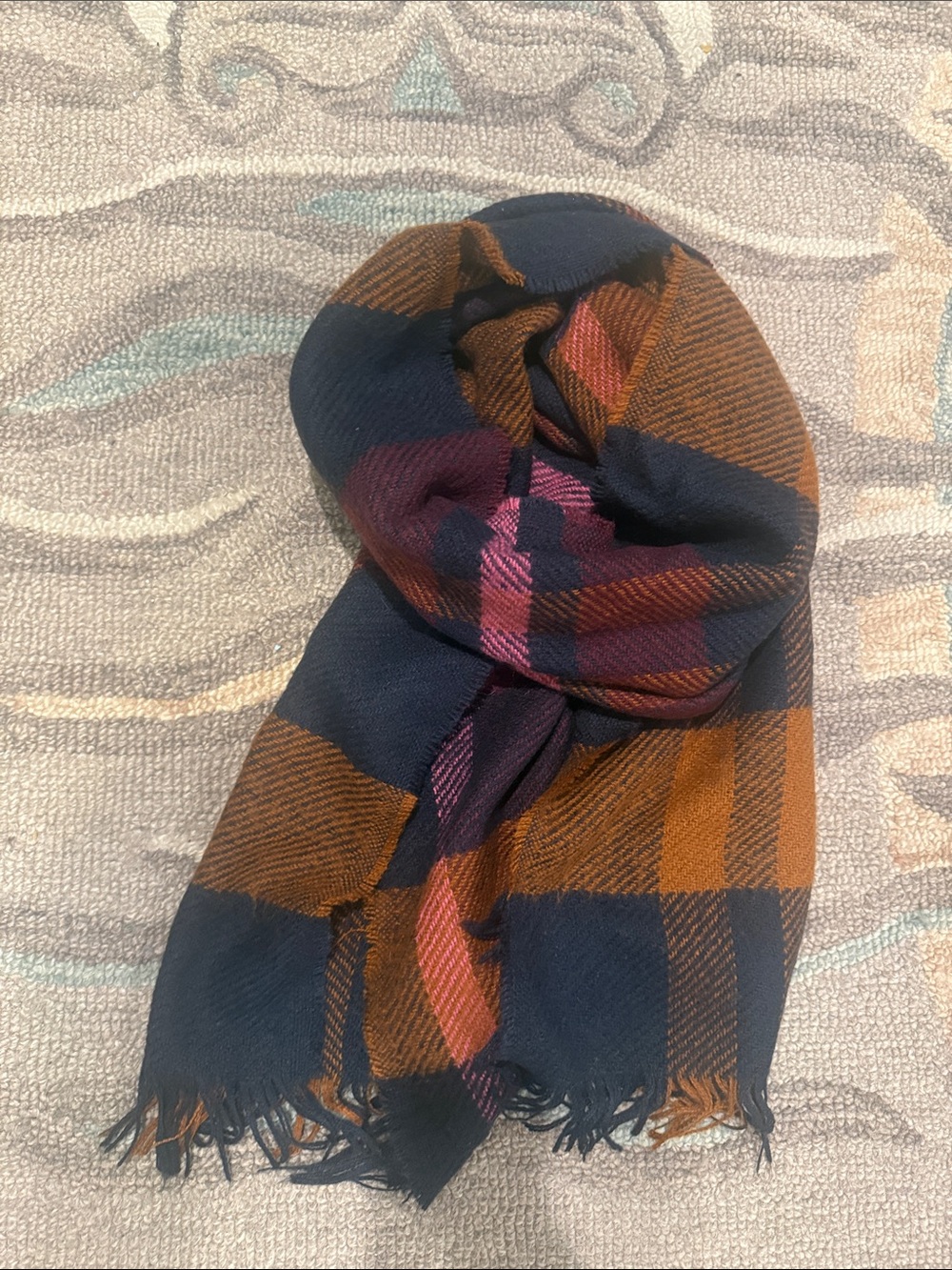 a new day Plaid Fringe Scarf in Navy, Brown and Purple